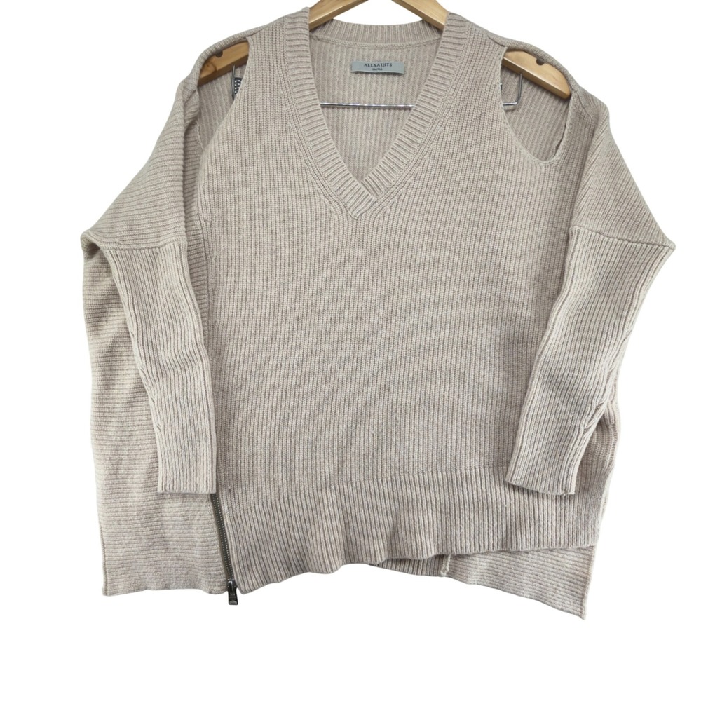 AllSaints Able Open Shoulder Jumper Wool Alpaca V-Neck Zip Sweater Beige Small